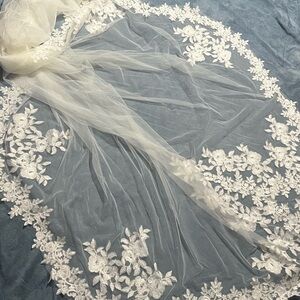 Ivory Wedding Veil Cathedral Length with Floral Lace Details